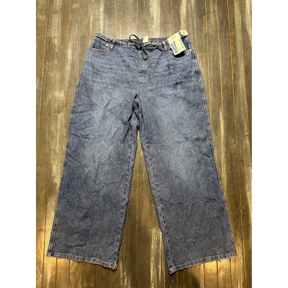 No Boundaries Womens XXL 20 Wide Leg Denim Jeans Elastic Waist Blue Drawstring
